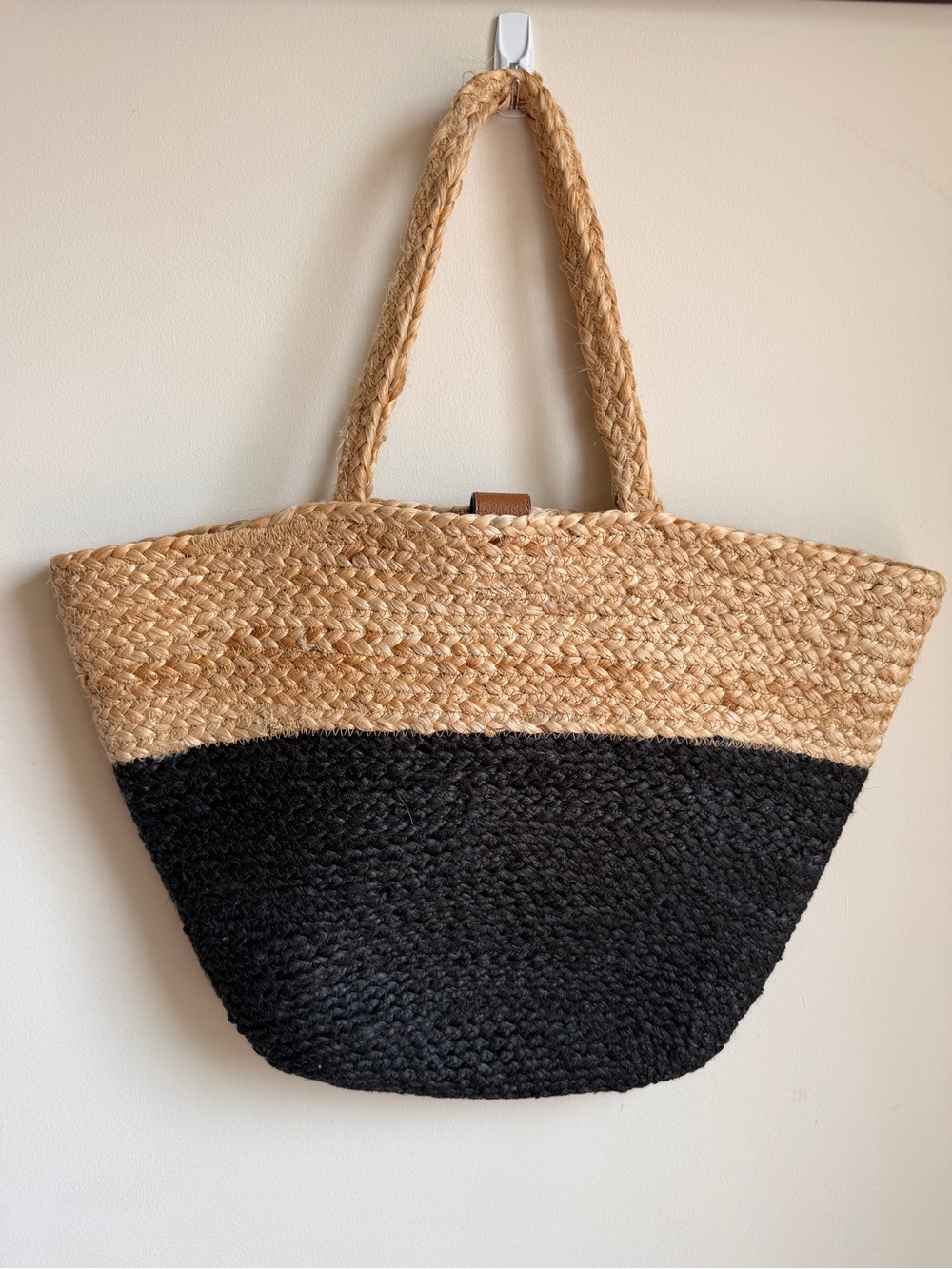J. Jill Jute Leather and Cotton Large Tote Bag Two Tone Black and Tan Clean